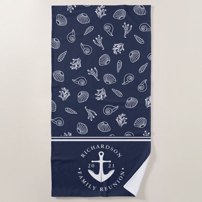 Serviette De Plage Ancre nautique Marine Bleu Blanc Famille Réunion (Devant)