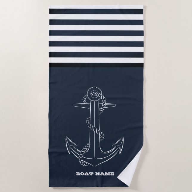 Serviette De Plage Ancre nautique Marine Blue Stripe Sailor (Devant)