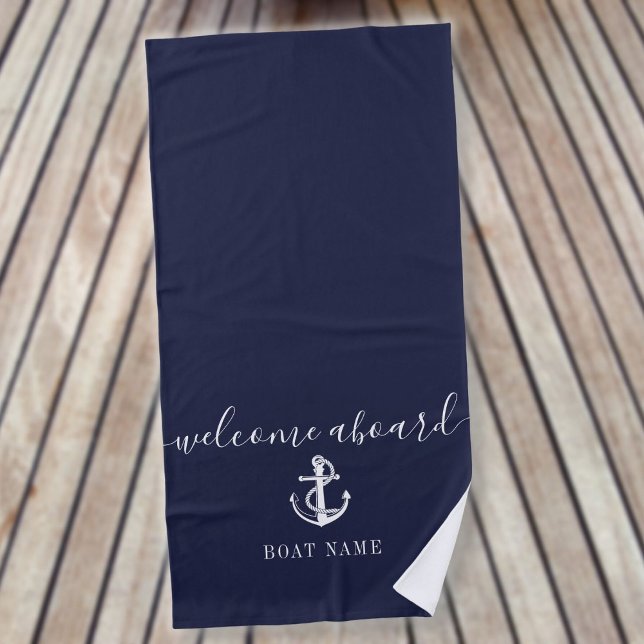 Serviette De Plage Ancre nautique Nom du bateau Marine Blue Welcome A (Créateur téléchargé)