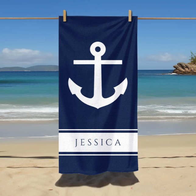 Serviette De Plage Ancre nautique Nom personnalisé Marine Bleu (Nautical Anchor Custom Name Navy Blue Beach Towel)