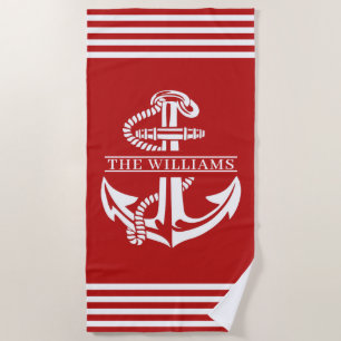 Serviette De Plage Ancre Nautique Personnalisée Sur Les Bandes Rouge