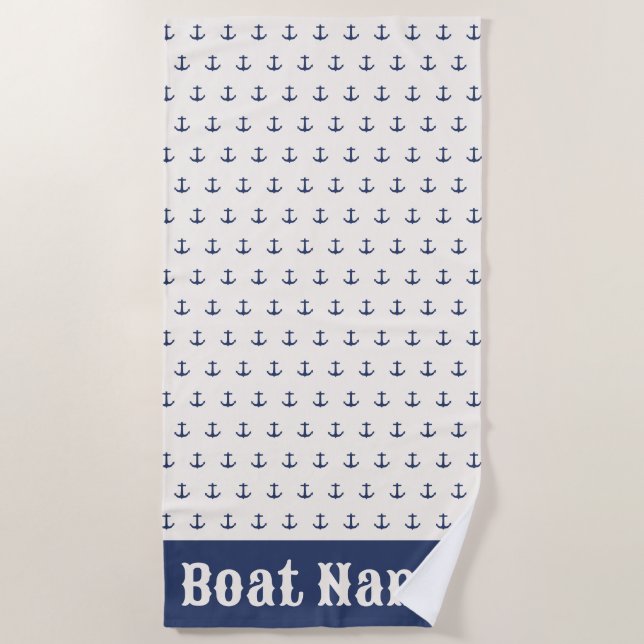 Serviette De Plage Ancre nautique Rayures côtières Marine bleu crème (Devant)