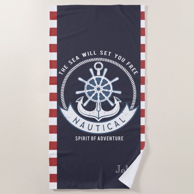 Serviette De Plage Ancre nautique, Roue, Bleu marine, Bandes rouges (Devant)