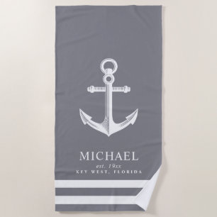 Serviette De Plage Ancre thématique marine Nom personnalisé Gris d'a