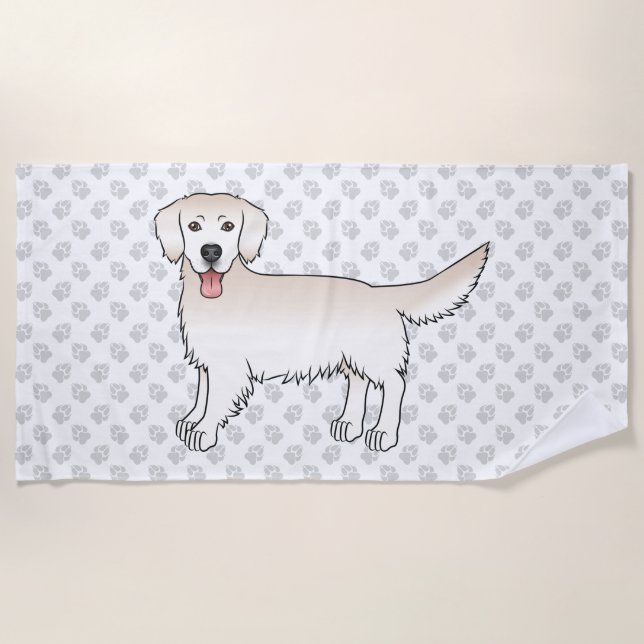 Serviette De Plage Anglais Crème Golden Retriever Et Un Motif Paw (Devant)