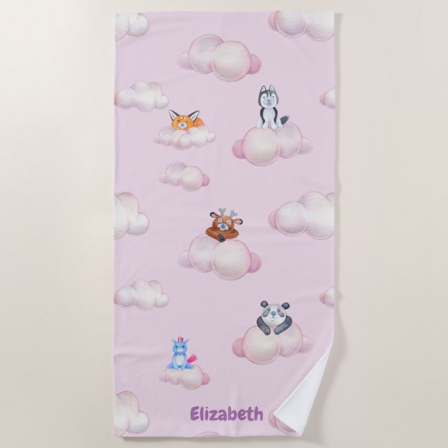 Serviette De Plage Animaux Pastel Mignons Sur Les Nuages Monogramme (Devant)