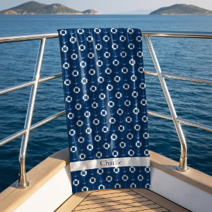 Serviette De Plage Anneau de vie et ancre de bateau bleu marine Sail