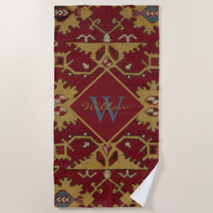 Serviette De Plage Antique Monogramme Oriental Perse Motif rouge