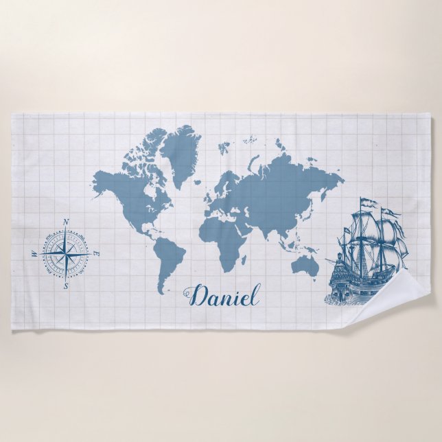 Serviette De Plage Antique voilier avec nom (Devant)