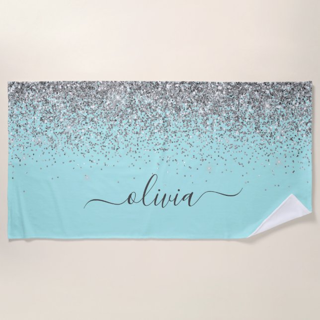 Serviette De Plage Aqua Bleu Teal Argent Pailleté Monogramme (Devant)