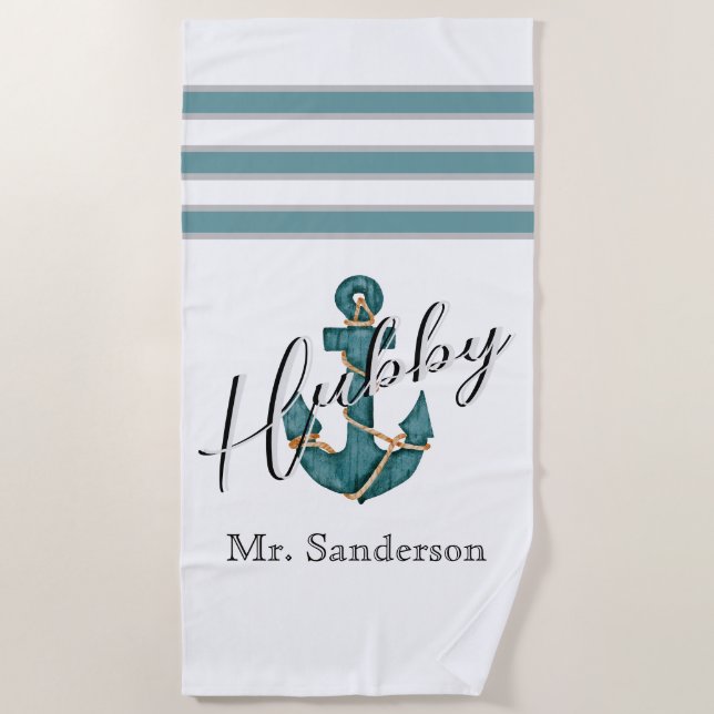 Serviette De Plage Aqua nautique Turquoise bleu n blanc Ancre florale (Devant)
