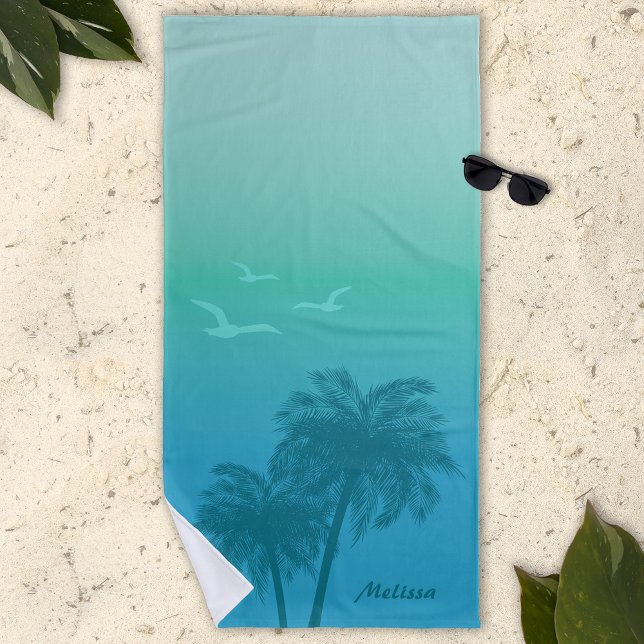 Serviette De Plage Aqua Turquoise Palm Trees Été Tropical Avec Nom (Créateur téléchargé)