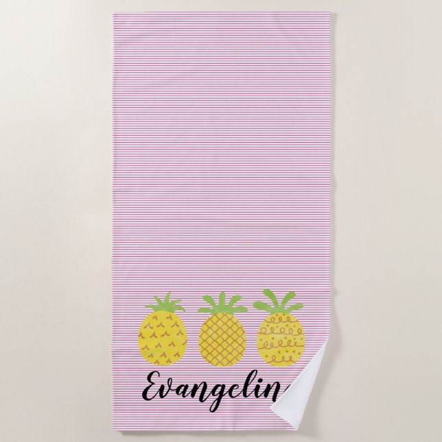 Serviette De Plage Aquarelle ananas trio avec rose rayé (Devant)