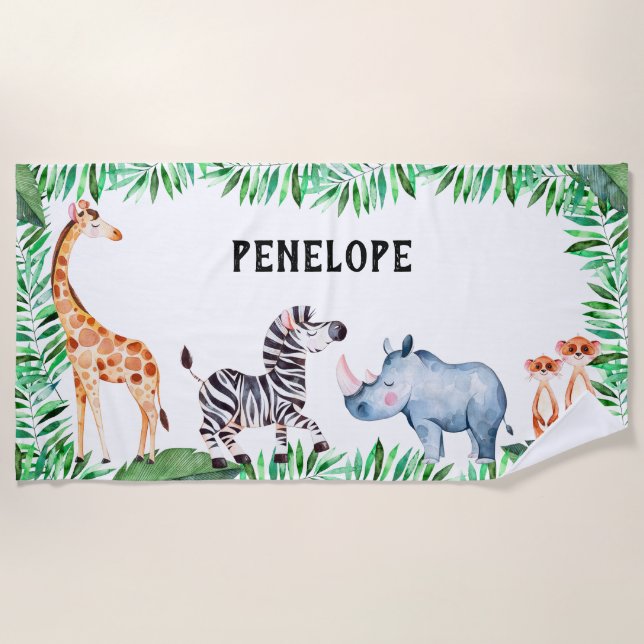 Serviette De Plage Aquarelle animale personnalisée de safari (Devant)