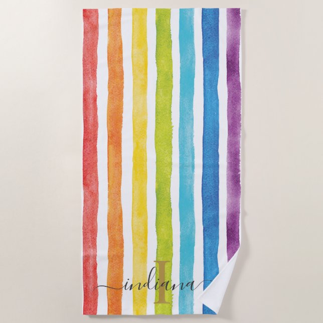 Serviette De Plage Aquarelle arc-en-ciel Rayures monographiques Perso (Devant)