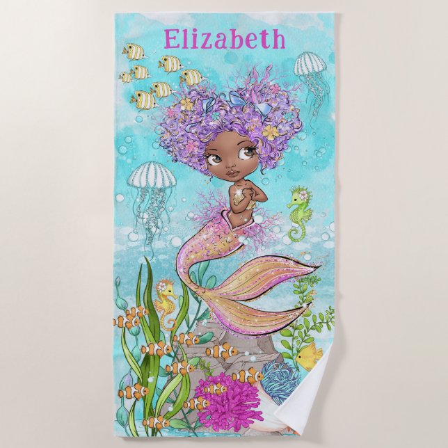 Serviette De Plage Aquarelle Belle Petite Sirène Brown (Devant)