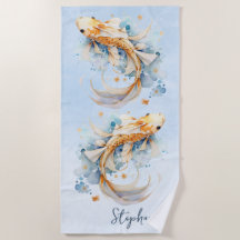 Aquarelle bleu or Koi poisson personnalisé