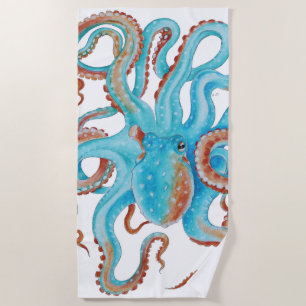 Serviette De Plage Aquarelle bleue pâle octopique Turquoise