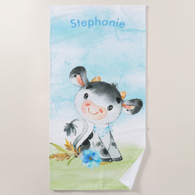 Serviette De Plage Aquarelle bleue Petite vache (Devant)