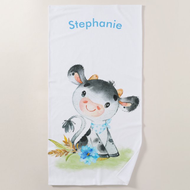 Serviette De Plage Aquarelle bleue Petite vache (Devant)