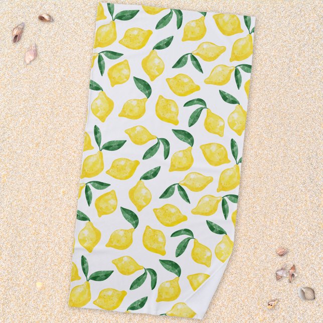 Serviette De Plage Aquarelle Citron méditerranéen (Mediterranean citrus lemon watercolor pattern beach towel)