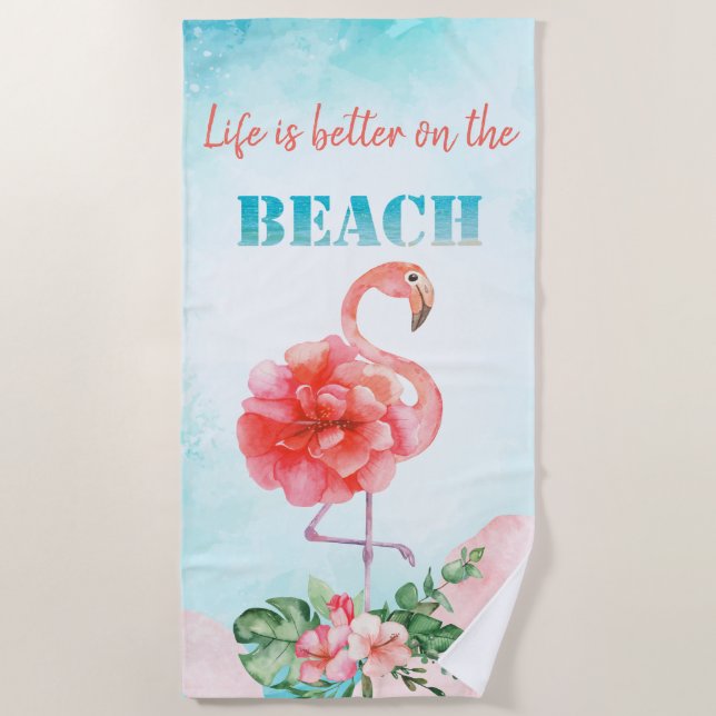 Serviette De Plage Aquarelle Cool Flamant rose rose Fleurs tropicales (Devant)