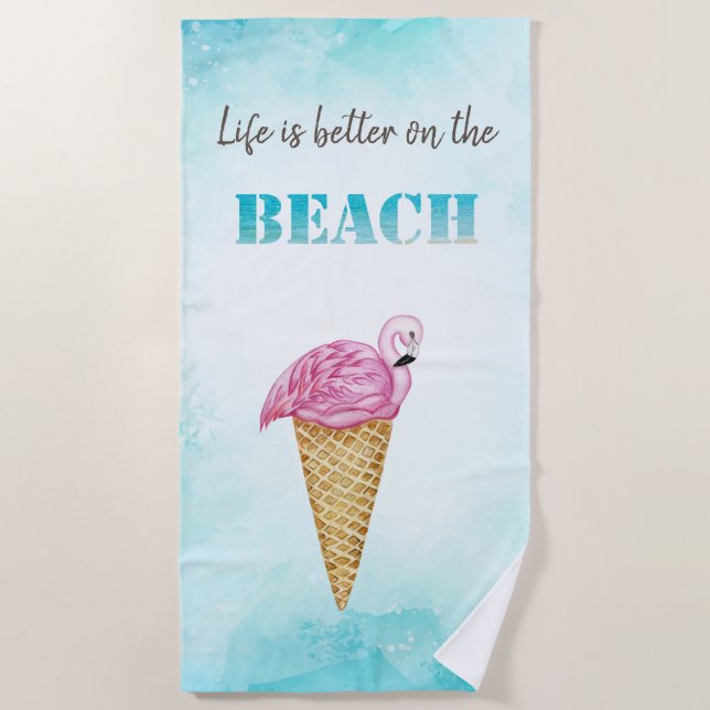 Serviette De Plage Aquarelle Crème glacée Flamants roses roses (Devant)
