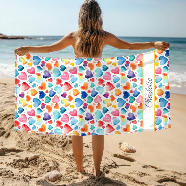Serviette De Plage Aquarelle du coeur Colorée mignonne Amour Nom pers (Créateur téléchargé)