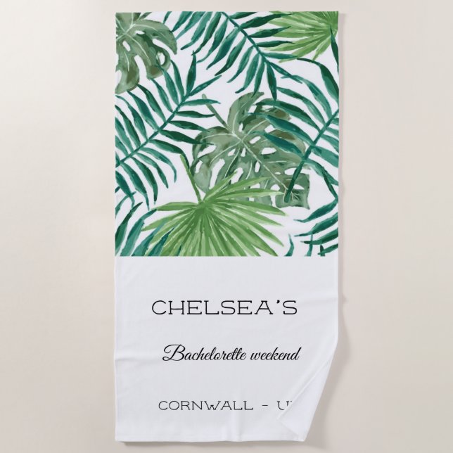 Serviette De Plage Aquarelle Feuille tropicale Bachelorette Plage (Devant)