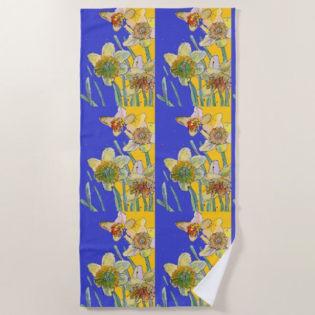Serviette De Plage Aquarelle florale jonquille bleu marine (Devant)