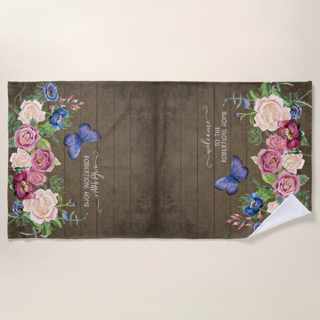 Serviette De Plage Aquarelle florale rustique Nom personnalisé (Devant)
