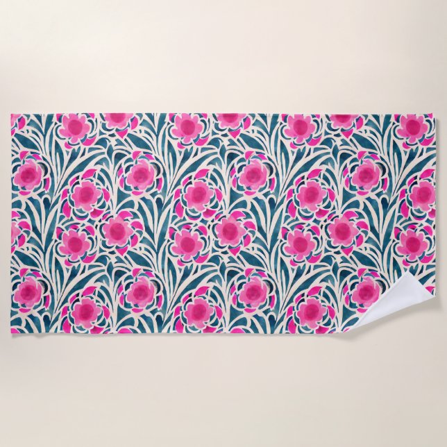 Serviette De Plage Aquarelle inspirée rose + bleu Botanique Floral (Devant)