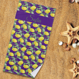 Serviette De Plage Aquarelle jaune citron rustique motif violet