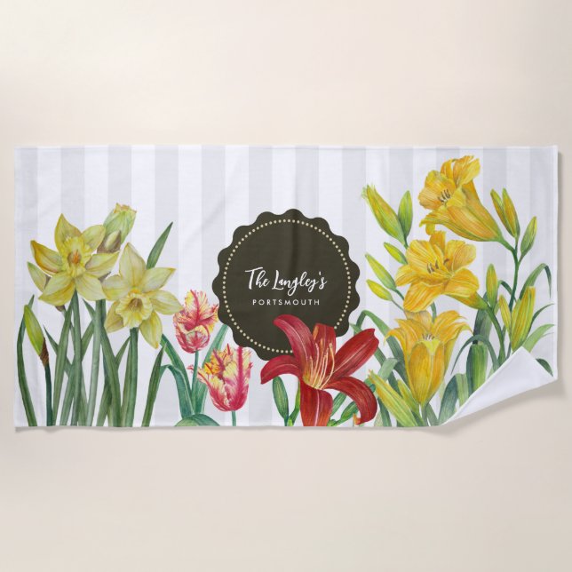 Serviette De Plage Aquarelle Jaune Orange Fleurs de printemps (Devant)