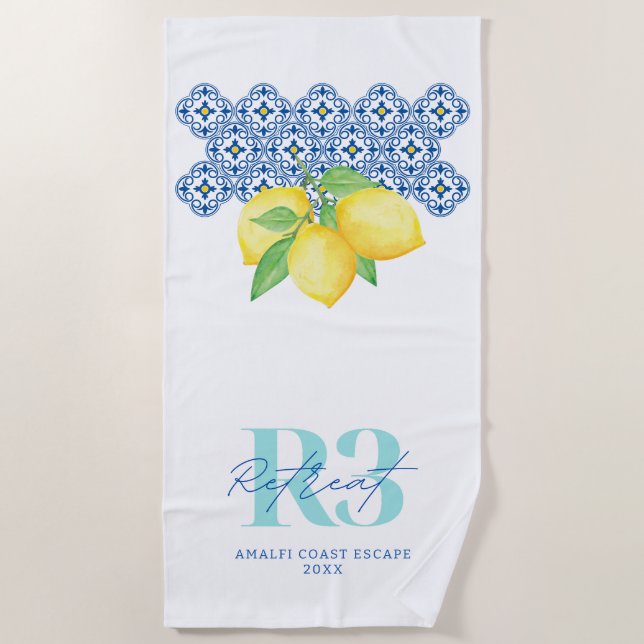 Serviette De Plage Aquarelle Lemon Carrelage méditerranéen Logo (Devant)