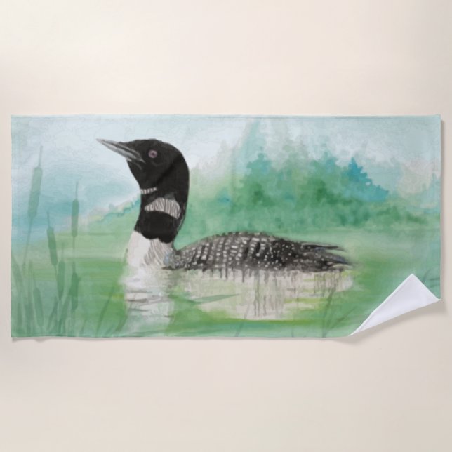 Serviette De Plage Aquarelle Loon commun Wildernes Nature des oiseaux (Devant)
