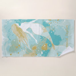 Serviette De Plage Aquarelle Mermaid Or et Aqua Personnalisé