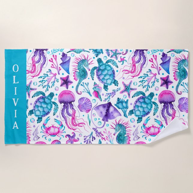 Serviette De Plage Aquarelle Océan Créatures sous la mer (Devant)