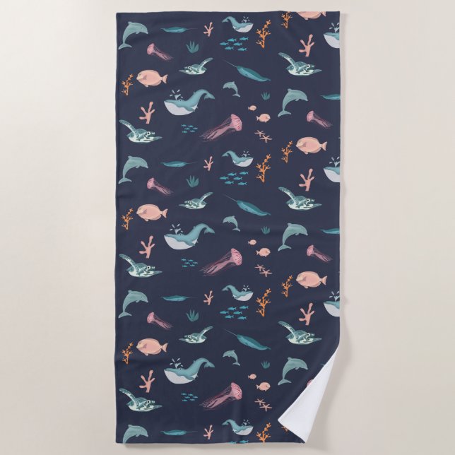 Serviette De Plage Aquarelle Océan Sea Animaux Motif bleu (Devant)