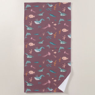 Serviette De Plage Aquarelle Océan Sea Animaux Motif rose pâle