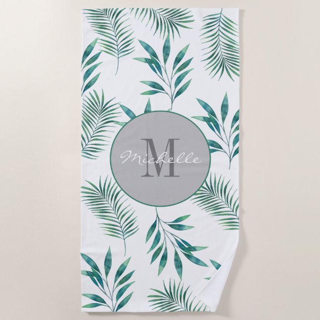 Serviette De Plage Aquarelle Palm Feuilles Personnalisé Monogramme Pr (Devant)
