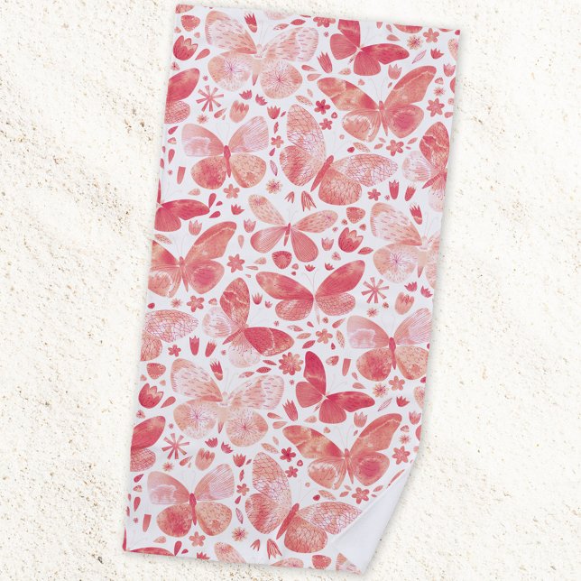 Serviette De Plage Aquarelle papillon rose (Coral blush pink watercolor butterfly pattern art beach towel)