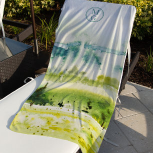 Serviette De Plage Aquarelle Paysage Bleu Vert Jaune Monogramme