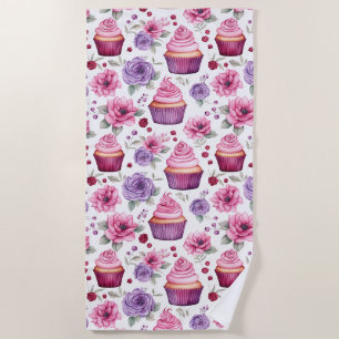 Serviette De Plage Aquarelle Pink and Purple Cupcakes and Flowers