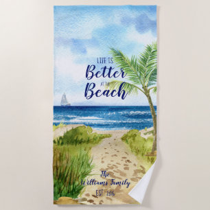 Serviette De Plage Aquarelle Plage Paysage marin La vie est meilleure