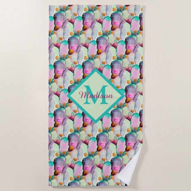 Serviette De Plage Aquarelle Prickly Pear Cactus Fleurs Monogramme (Devant)