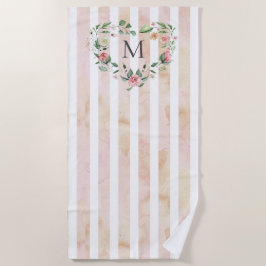 Serviette De Plage aquarelle rayures fleurie couronne monogramme