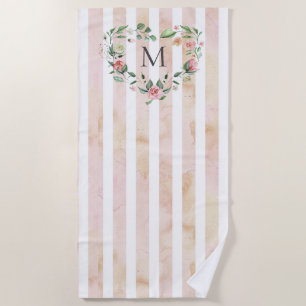 Serviette De Plage aquarelle rayures fleurie couronne monogramme