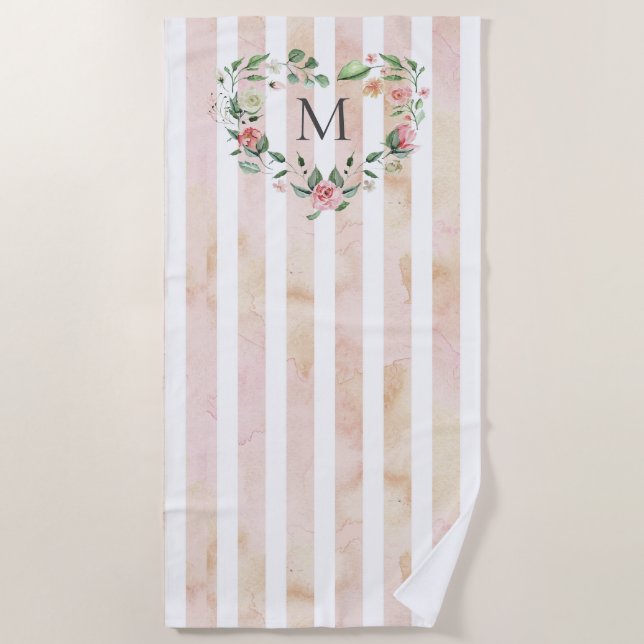 Serviette De Plage aquarelle rayures fleurie couronne monogramme (Devant)