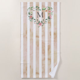 Serviette De Plage aquarelle rayures fleurie couronne monogramme